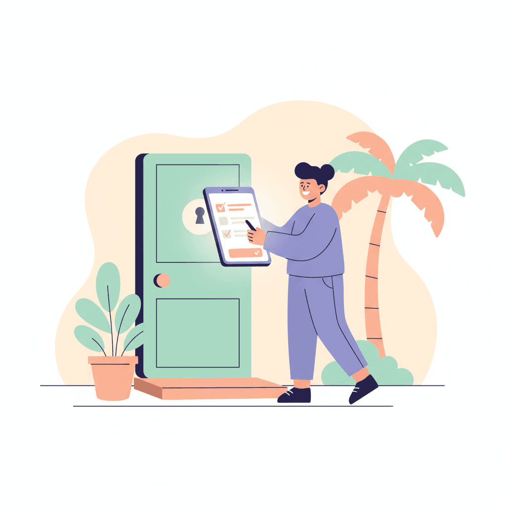 Huésped completando un formulario de check-in autoservicio en un dispositivo móvil