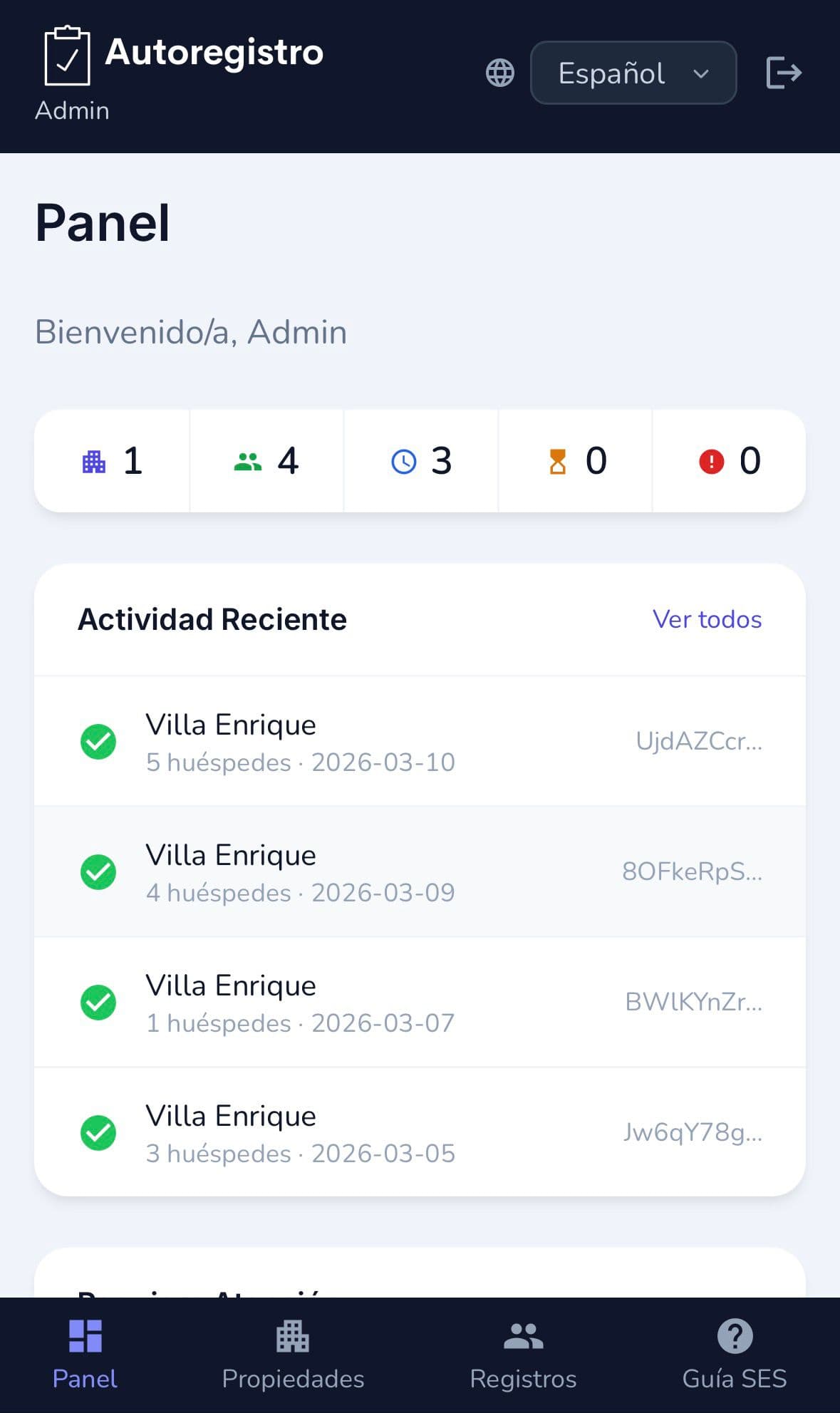 Panel de control con la actividad de check-in de huéspedes - UI preview