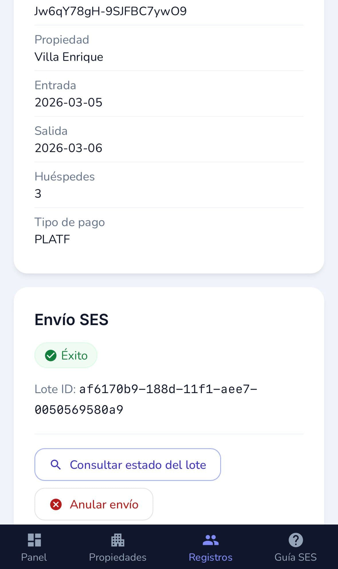 Estado del envío a SES Hospedajes con opciones de reintento - UI preview