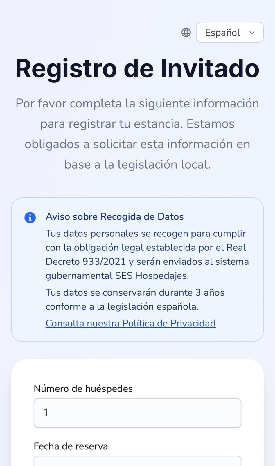 Formulario de registro cumpliendo con la normativa española de hospedaje - UI preview