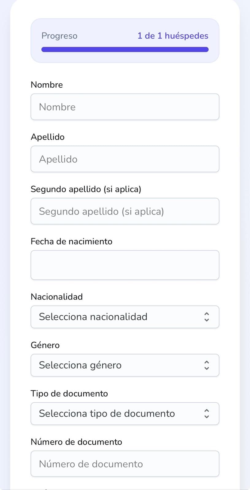 Formulario de check-in autoservicio en un dispositivo móvil - UI preview